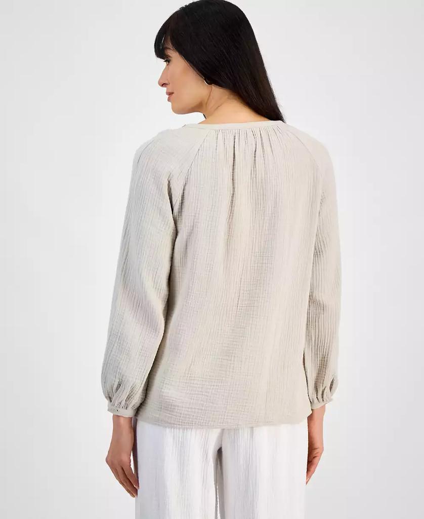 JM Collection Petite Cotton Embellished-Split-Neck Top, Exclusively at Macy's
