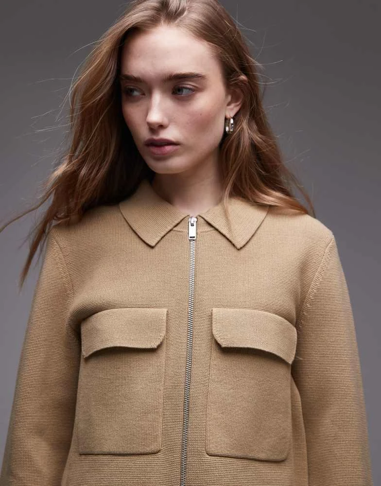 ARKET ARKET pure cotton knitted compact utility jacket in dark beige 3