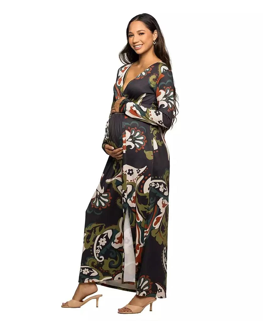24seven Comfort Apparel Women's Maternity Green Paisley Print Long Sleeve Wrap Maxi Dress, Large