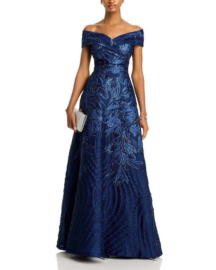 Teri Jon Off-the-Shoulder Metallic Jacquard Gown 3