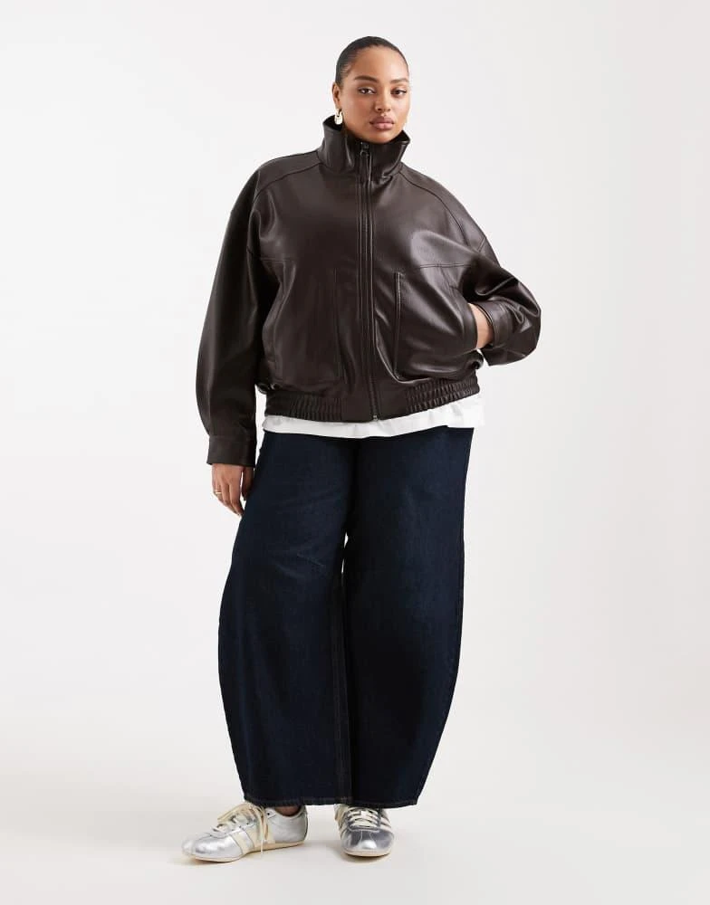 ASOS ASOS DESIGN Curve oversized leather look funnel bomber jacket in chocolate 3