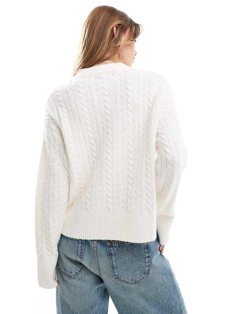 Bershka Bershka high neck oversized cable knit jumper in ecru 3