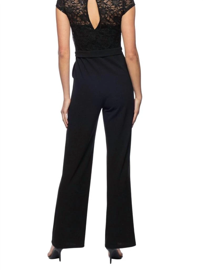 MARINA V Neck Tie Waist Lace Bodice Jumpsuit In Black 2