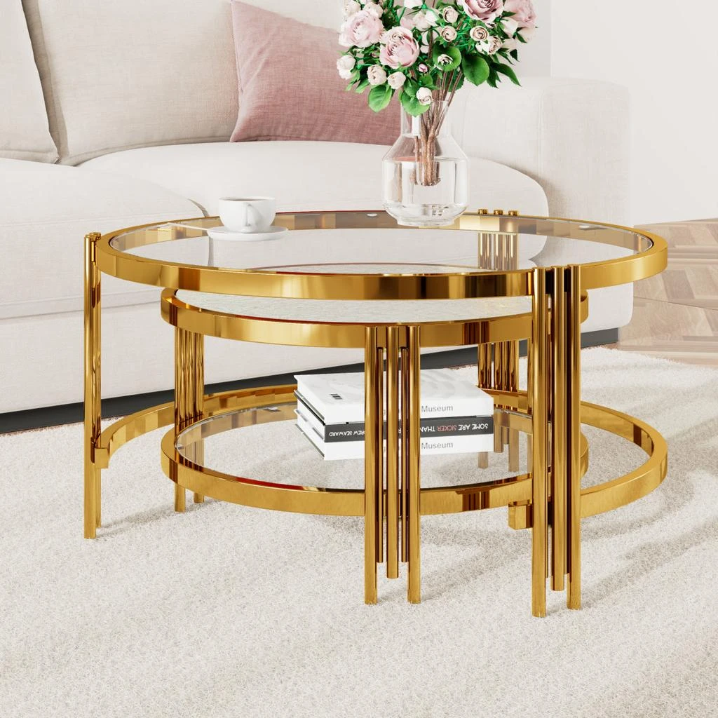 Streamdale Furniture Streamdale Modern 2-Piece Gold Textured Glass Coffee Table Set, 32.75 2