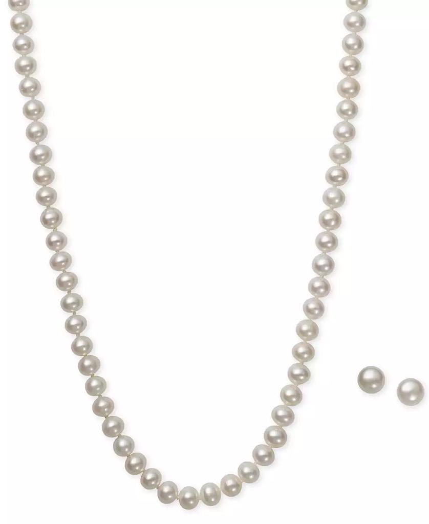 Macy's White Cultured Freshwater Pearl (6mm) Necklace and Matching Stud (7-1/2mm) Earrings Set in Sterling Silver