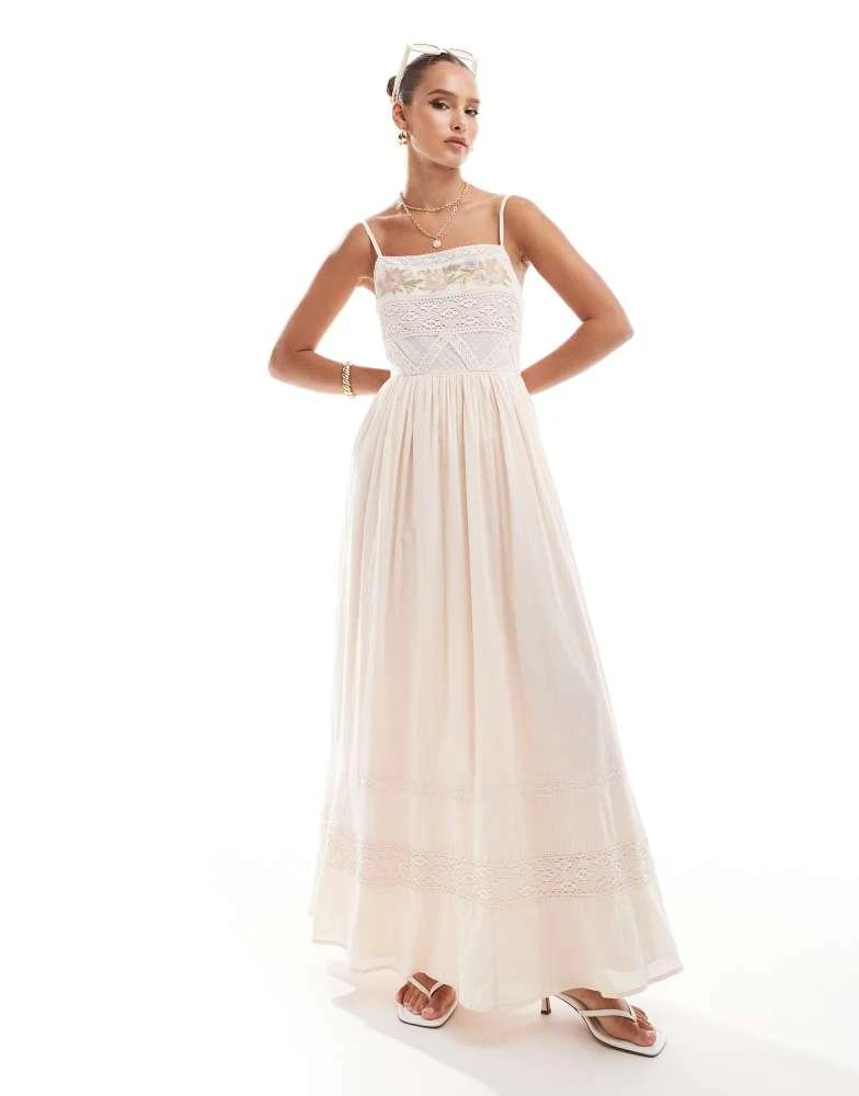 white christmas dresses Rent Asos Edition Blouson Sleeve Floral Embroidered Maxi Dress With Open  Back In Light Pink main image 1
