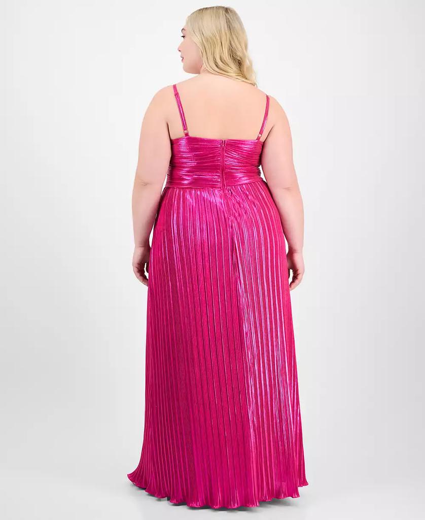 City Studios Trendy Plus Size Pleated Metallic Sleeveless Gown