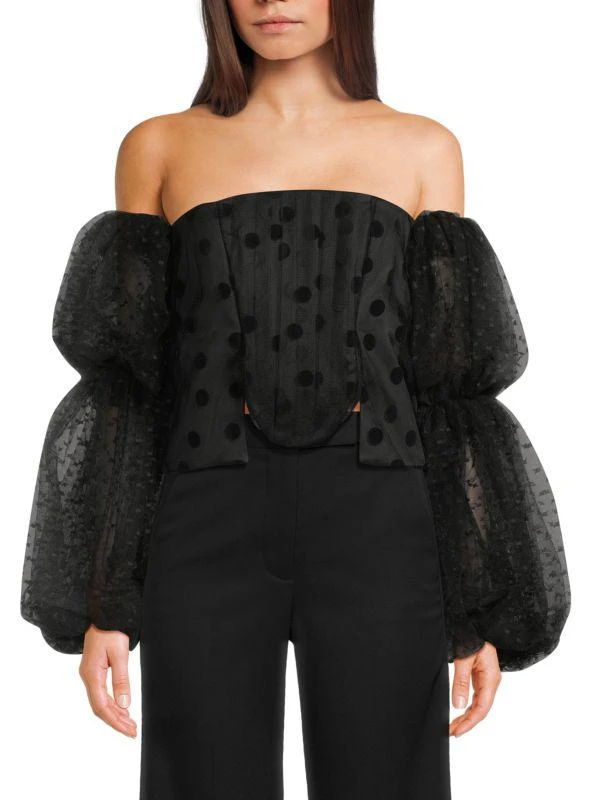 Stella McCartney Plumetis Trimmed Off-The-Shoulder Puff-Sleeve Top 1