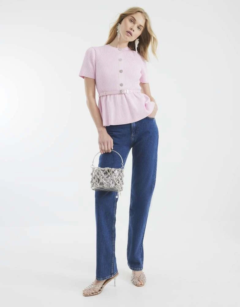 River Island River Island Knit short sleeve belted top in pink - light 3