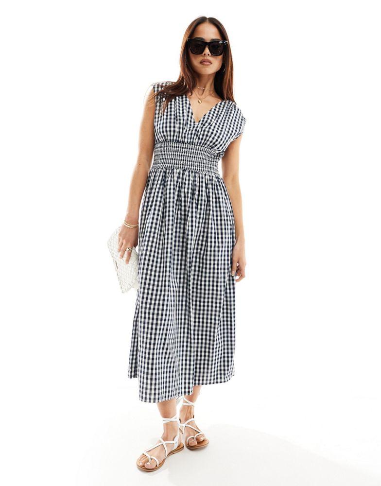 Y.A.S. YAS shirred waist v neck midi dress in navy gingham - MULTI