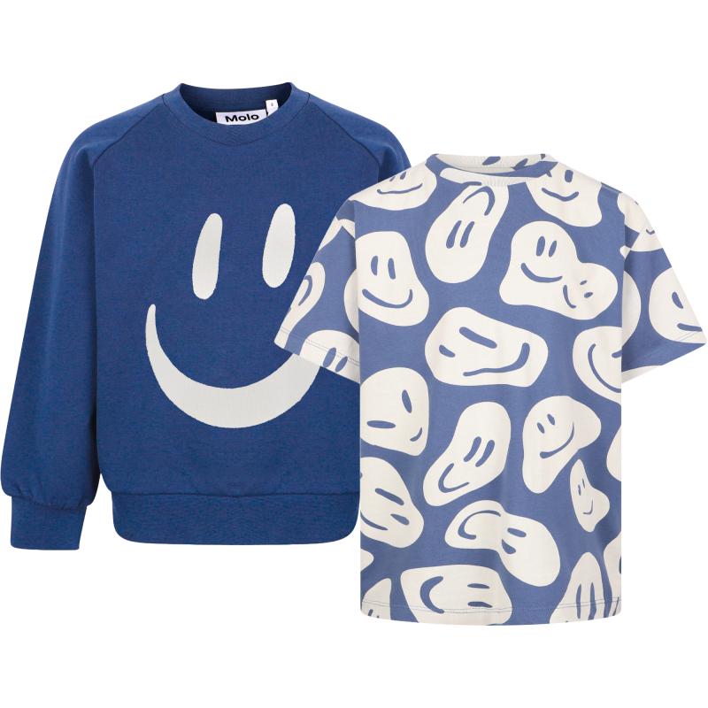 Molo Smiley face embroidery royal blue sweatshirt and all over smiley faces t shirt set