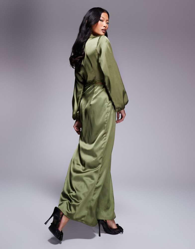 Never Fully Dressed Never Fully Dressed Petite Mimi long sleeve lace cut-out slip maxi dress in olive