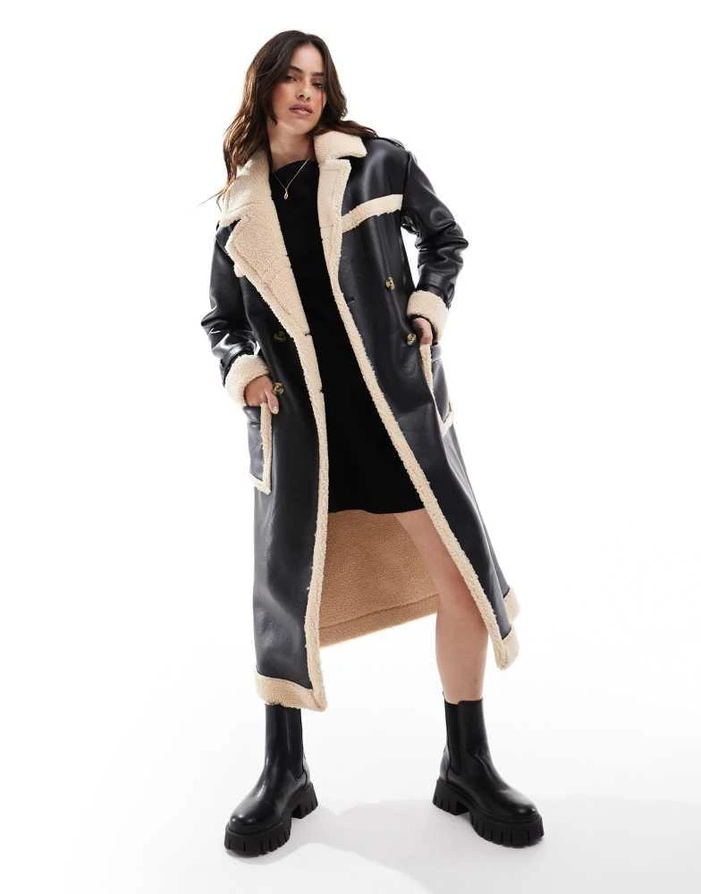 Wednesday's Girl Wednesday's Girl faux shearling oversized aviator longline coat in black and cream 4