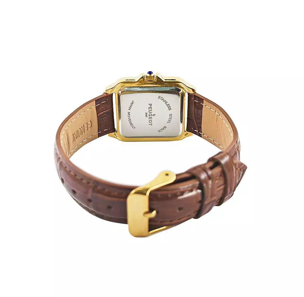 Peugeot Women's 14K Gold-Plated 32mm Tank Shape Brown Leather Strap Watch