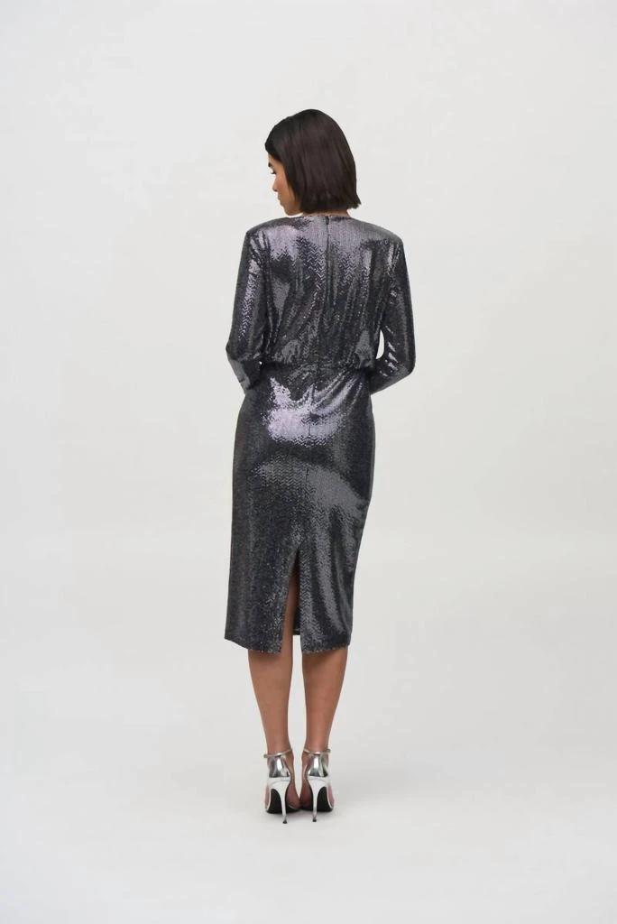 joseph ribkoff silver dress Joseph Ribkoff Quartz/Silver Foiled Pliss Novelty Knit Sheath Dress S DECABANA