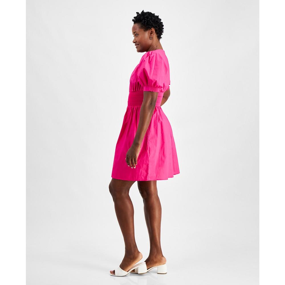 On 34th Women's Printed Cotton Zip-Front Puff-Sleeve Dress, Created for Macy's