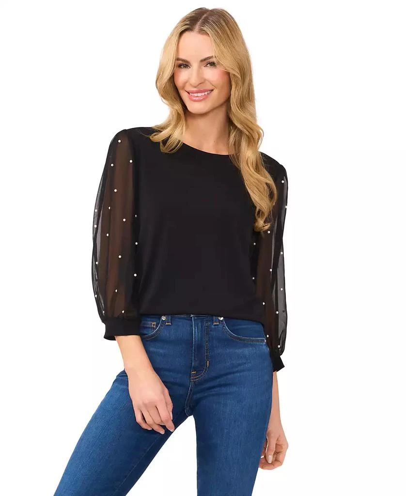 CeCe Women's Mixed Media Imitation-Pearl-Stud Top 1