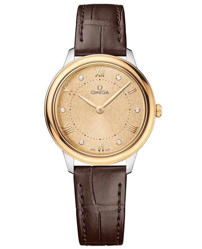 Omega Omega De Ville Prestige Quartz 30mm Champagne Diamond Dial 18K Yellow Gold Bezel Brown Leather Strap Women's Watch 434.23.30.60.58.001