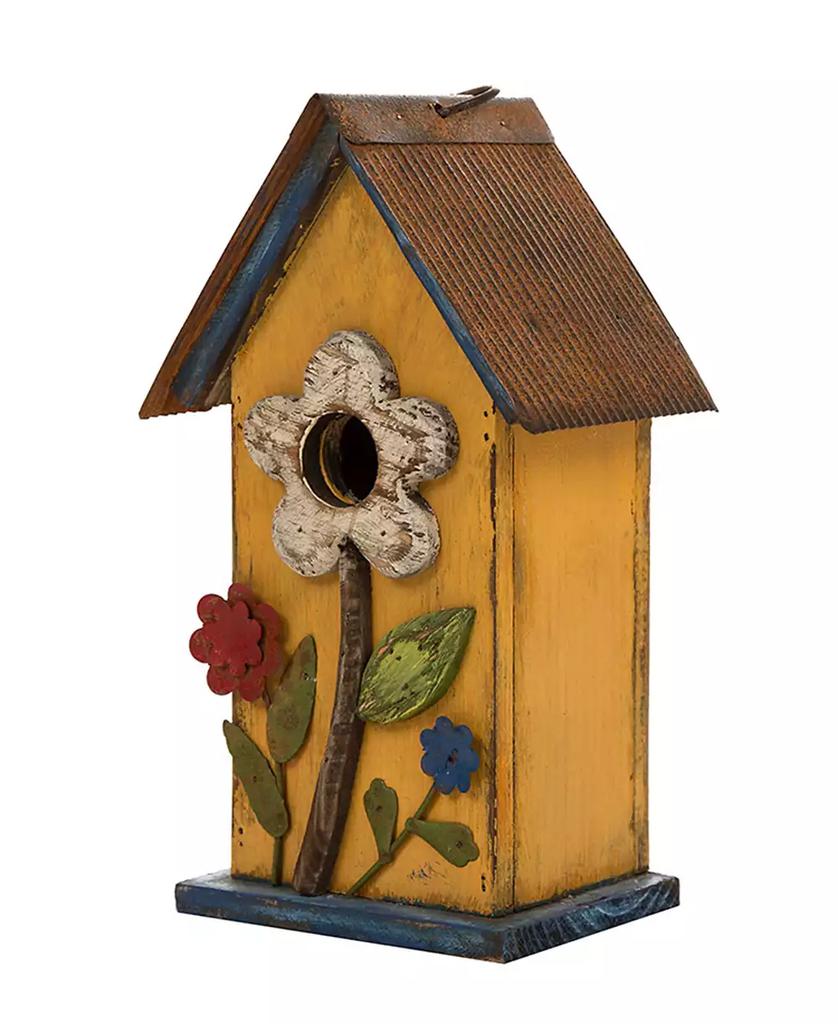 Glitzhome Distressed Solid Wood Birdhouse with Flower