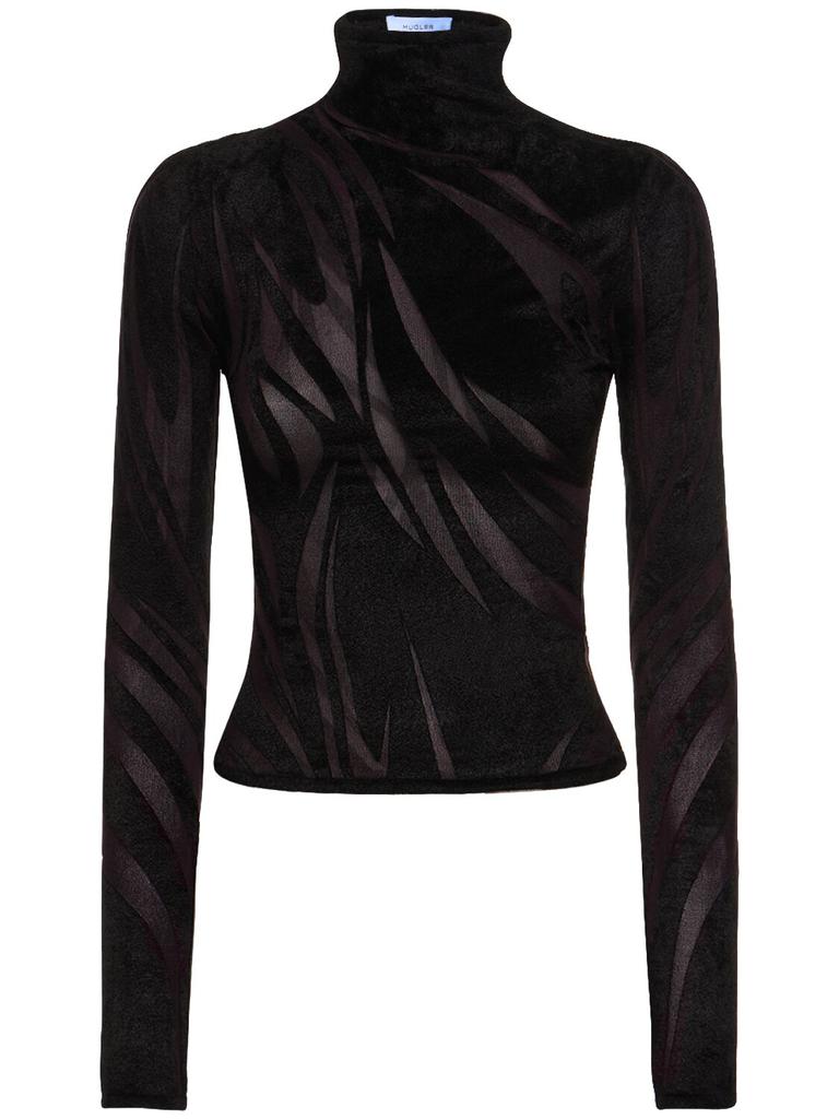 MUGLER Velvet & Tulle Turtleneck Crop Top