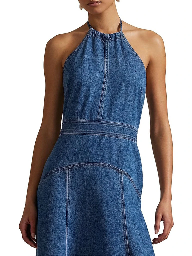 slim fit dress slacks Dark Wash Halter Neck Pleated Denim Mini Dress