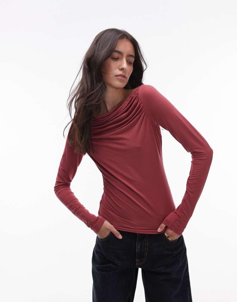 & Other Stories & Other Stories supersoft jersey ruche boat neck top with long sleeves in red