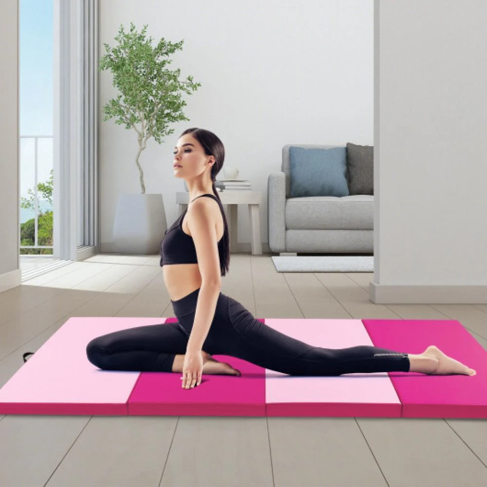 Hivvago 4-Panel PU Leather Folding Exercise Mat with Carrying Handles-Pink 9