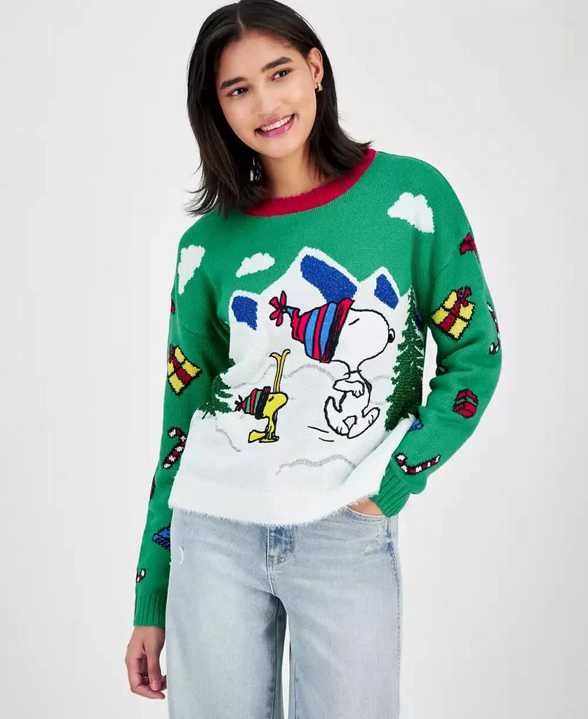 Hooked Up by IOT Juniors' Snoopy and Woodstock Skiing Christmas Sweater 1