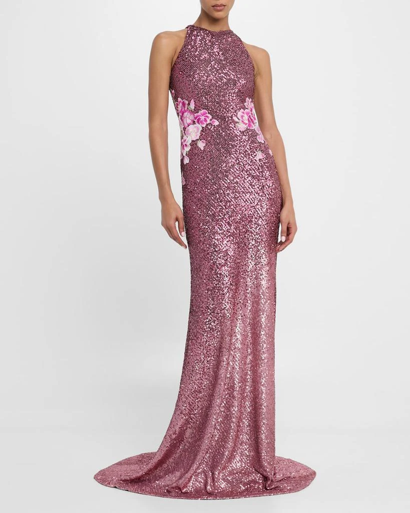 Naeem Khan Floral Embroidered Ombre Sequin Halter Gown 2
