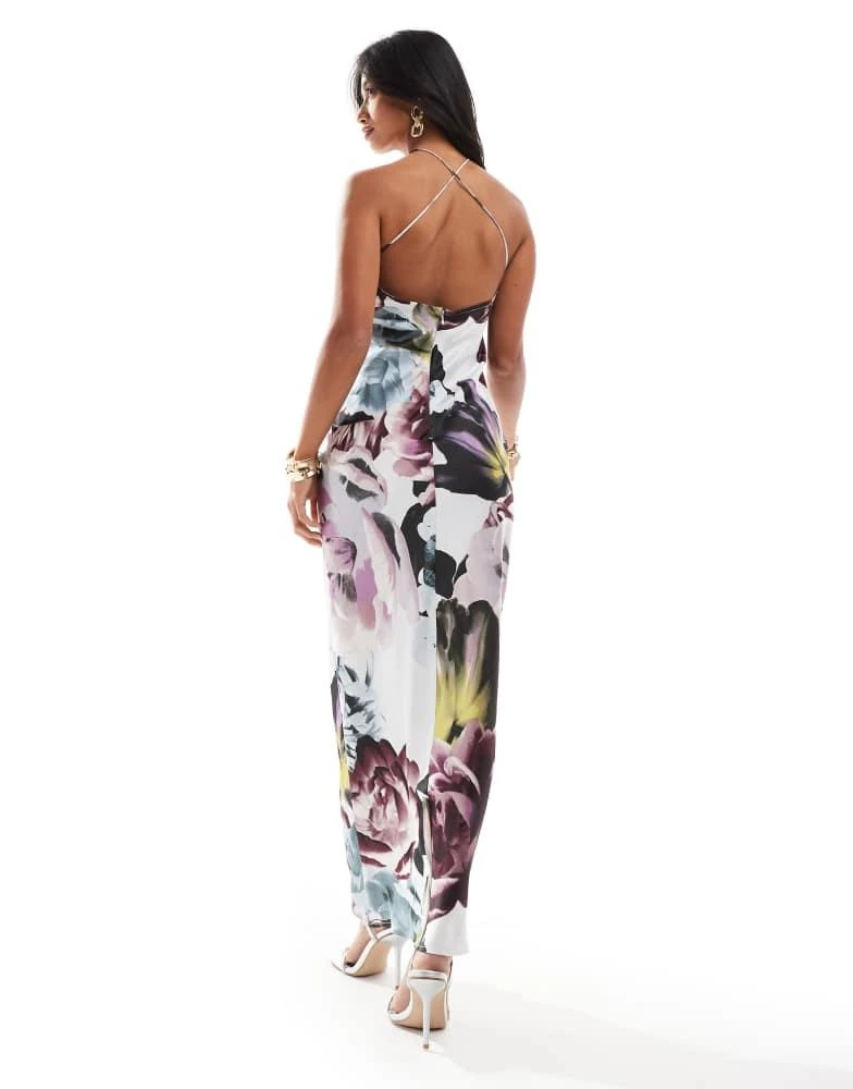 ASOS ASOS DESIGN Petite satin halter neck maxi dress with gathered bust and keyhole split in overscale floral 3