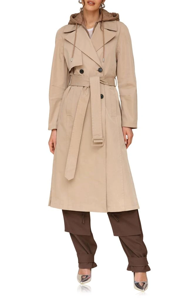Avec Les Filles Double Breasted Trench Coat with Hooded Quilted Dickey