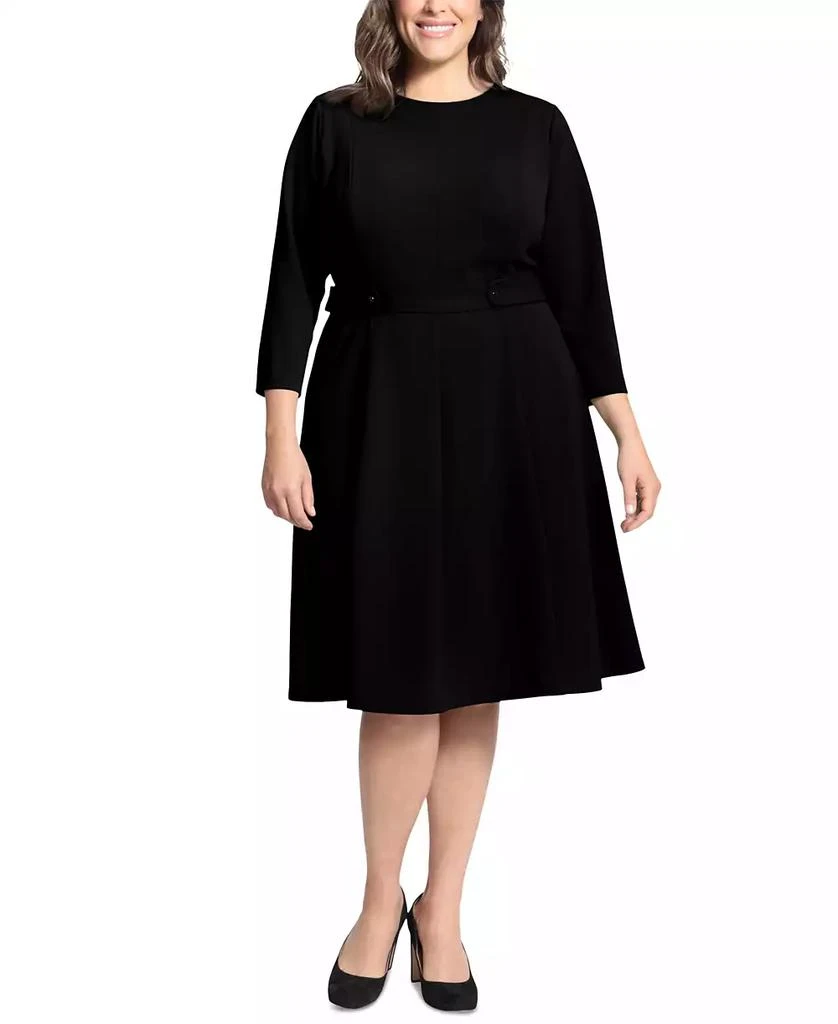 London Times Plus Size 3/4-Sleeve Tab-Waist Fit & Flare Dress 1