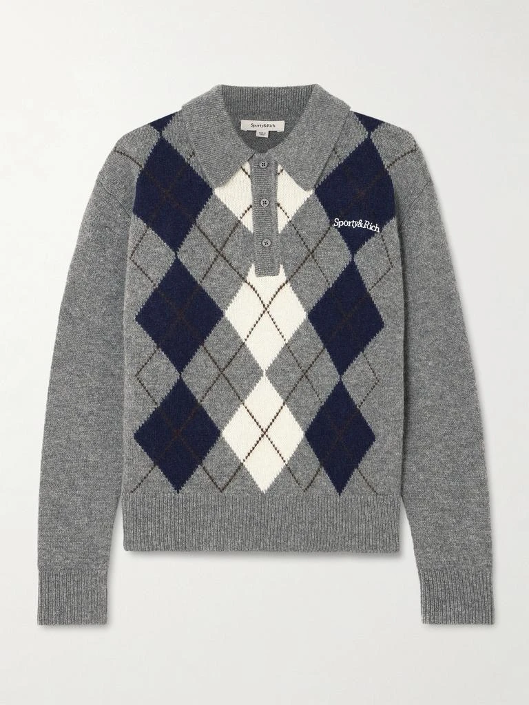 Sporty & Rich Embroidered Argyle Cashmere And Wool-blend Polo Sweater