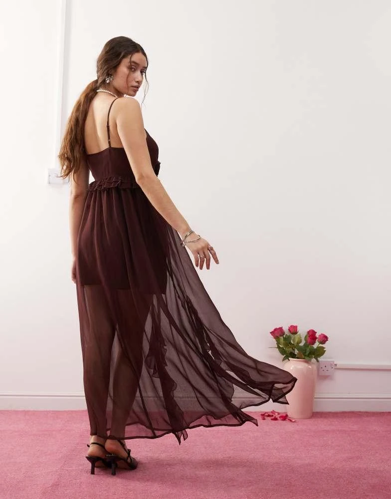 Miss Selfridge Miss Selfridge chiffon corsage detail cami maxi dress in brown 3