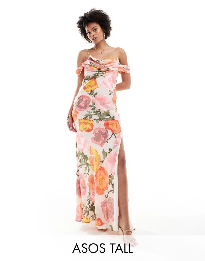 ASOS ASOS DESIGN Tall Exclusive cami cowl maxi dress with cold shoulder in burnout print 1