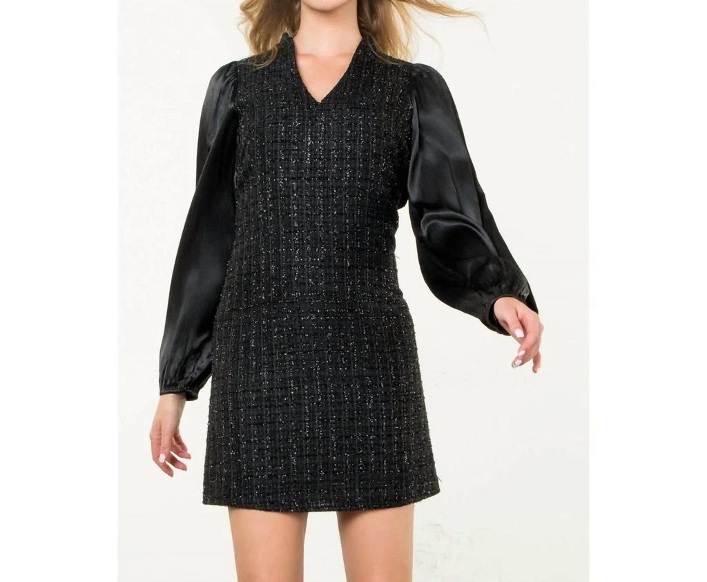 knee length dresses for ladies Tweed check long sleeve dress main image 0