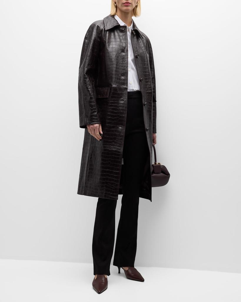 Shop Raglan-Sleeve Croc-Embossed Leather Midi Coat on Sale