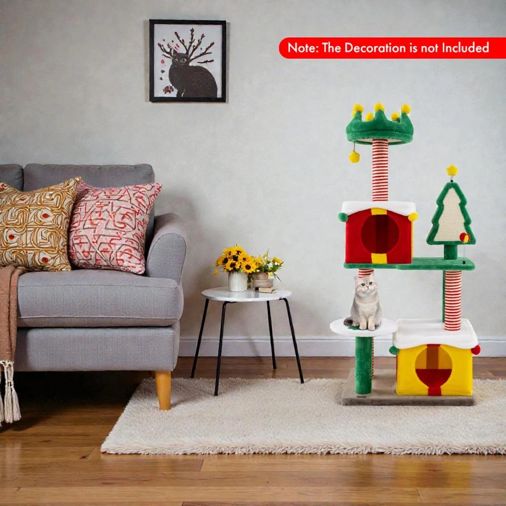 Hivvago Festive Christmas-Themed Indoor Cat Tower with Carpeted Surfaces and Scratch Posts 2
