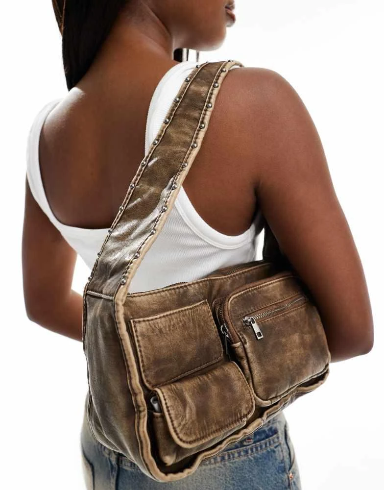 Bershka Bershka pocket detail faux leather shoulder bag in washed brown 3