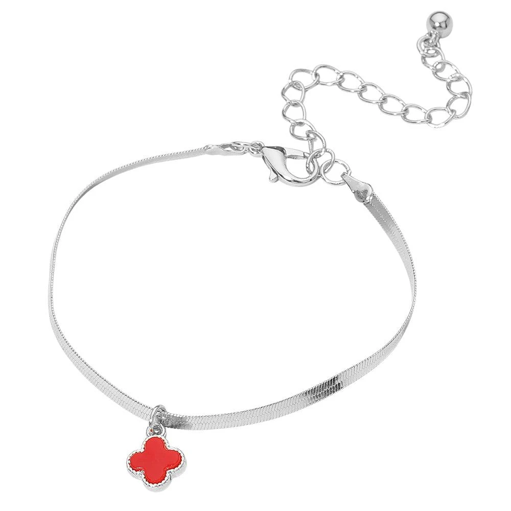 FASHNZFAB Silver Dipped Quatrefoil Charm Herringbone Chain Bracelet 2