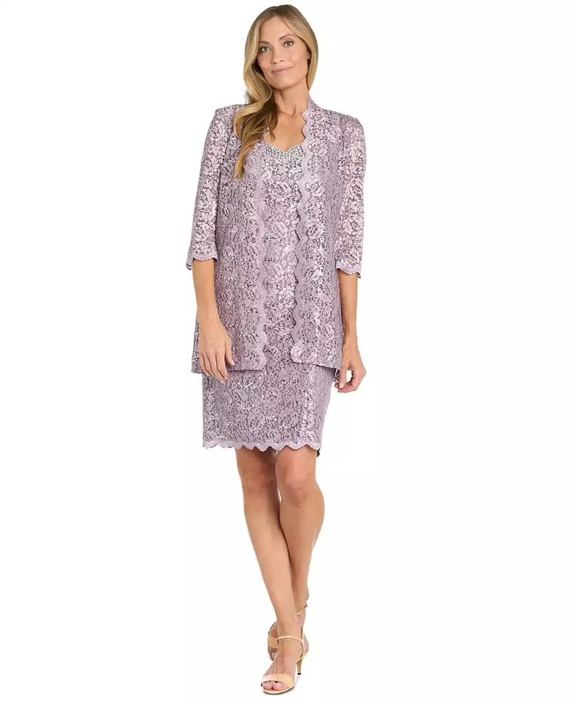 chinese dress ladies Floral Lace Dress with Sheer Chiffon Jacket & Pearl Neckline