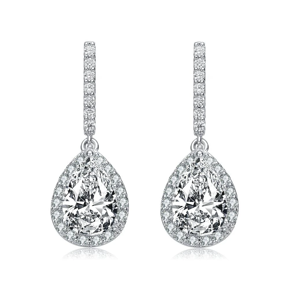 Genevive Sterling Silver With Rhodium Plated Clear Pear And Round Cubic Zirconia Halo Linear Drop Earrings 3