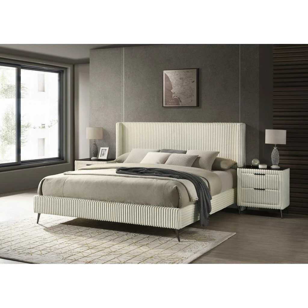 Streamdale Furniture Streamdale Wide Wale Corduroy Upholstery Panel King Bed with 2 Nightstands, Cream 2