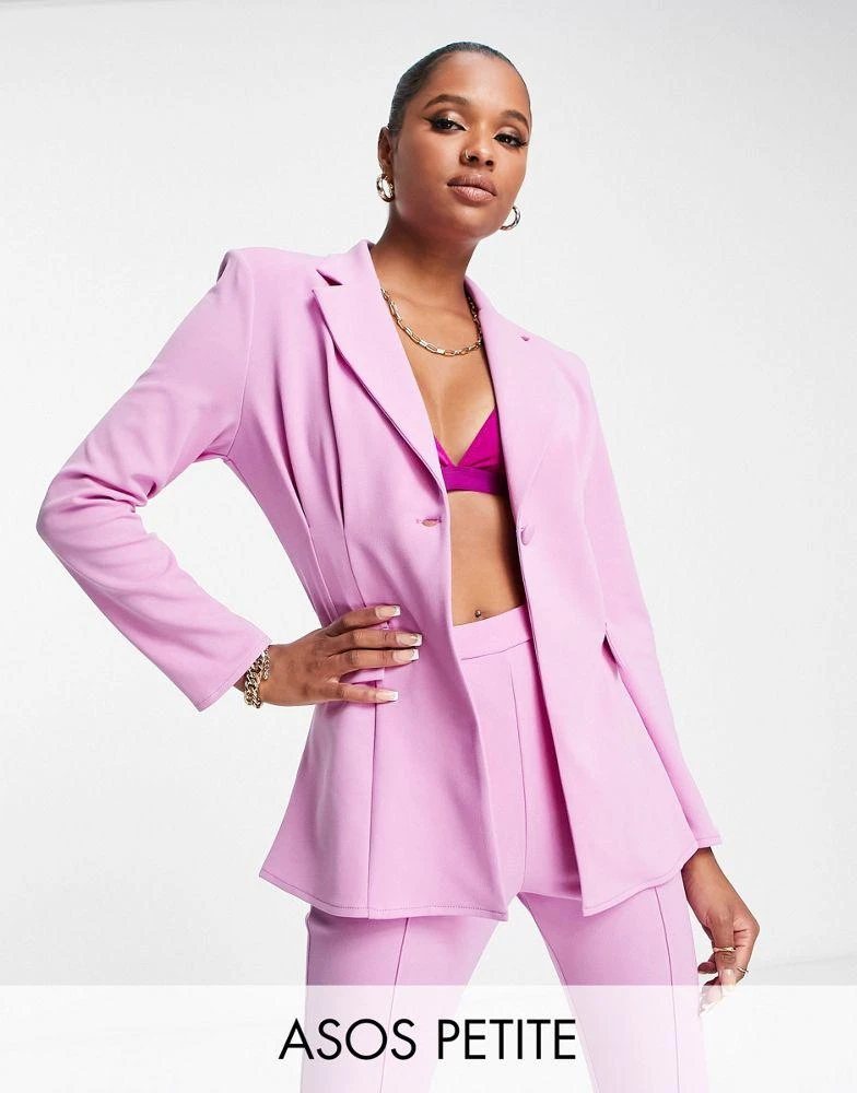 ASOS ASOS DESIGN Petite jersey suit strong shoulder nipped waist blazer in pink 1