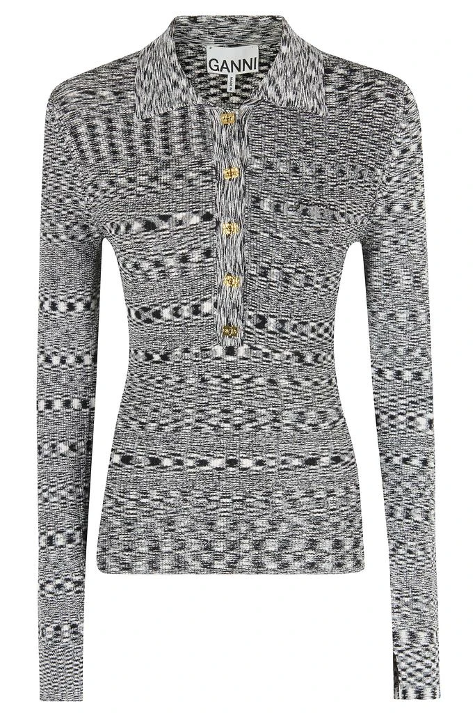 Ganni Textured Knit Long-Sleeve Polo With Gold-Tone Closure 2