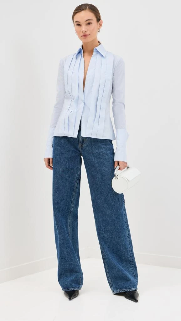 LaQuan Smith Fitted Button Down with Peplum and Pleated Shoulder with Exagerated Cuff 4