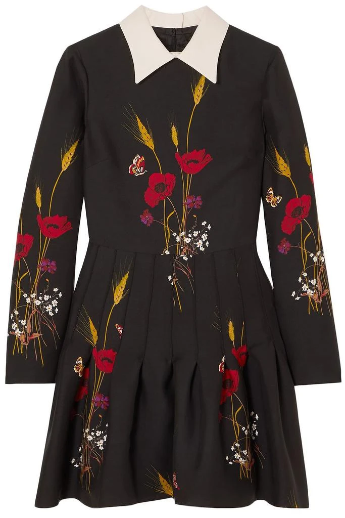 Valentino Pleated floral-print wool and silk-blend crepe mini dress 1