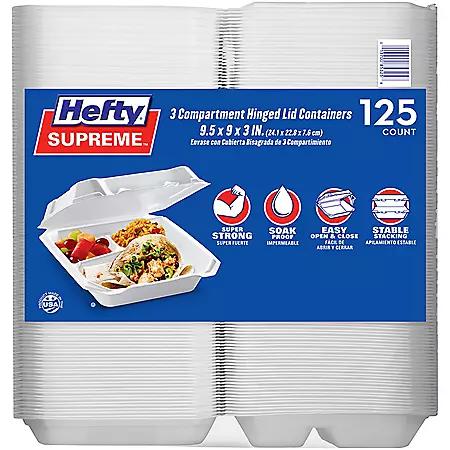 Member's Mark Hefty Supreme Foam Hinged Lid Container, 3-Compartment 125 ct.