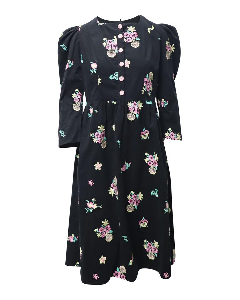 BATSHEVA Puff Sleeve Midi Dress in Black Floral Print Cotton