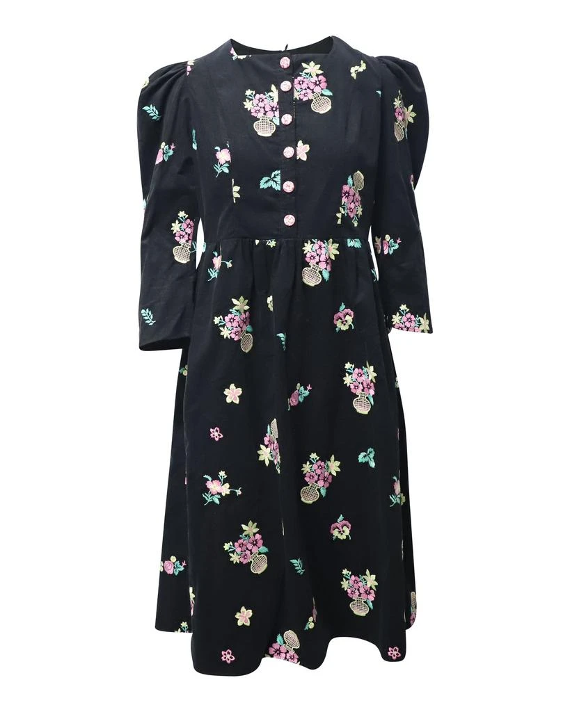 BATSHEVA Puff Sleeve Midi Dress in Black Floral Print Cotton 1